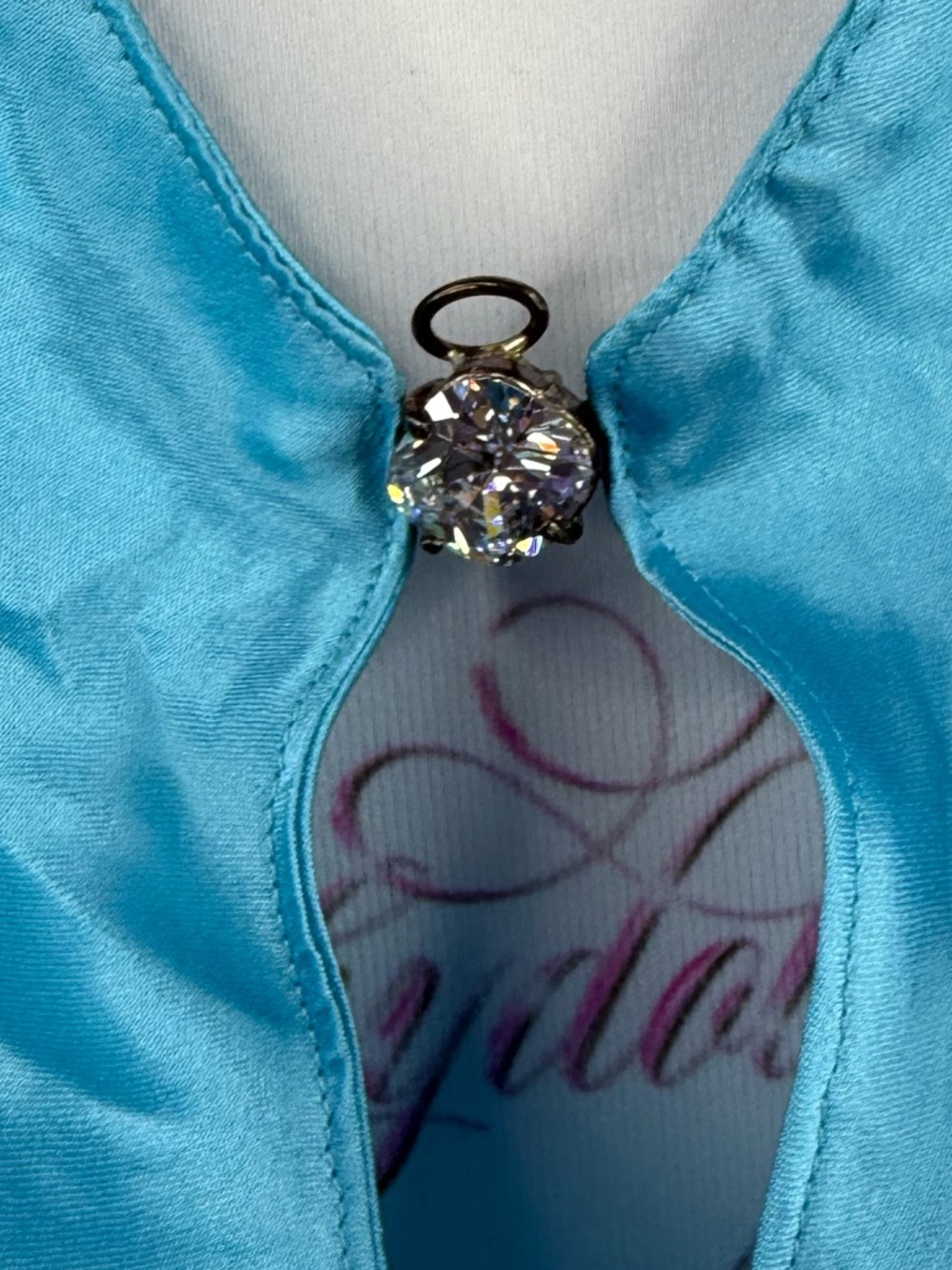 Silk and Satin dress rhinestone diamond Aqua Slip Dress with Keyhole Detail - Picture 3 of 13